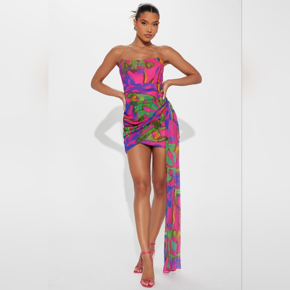 Fashion Nova Strapless Pink and Green Dress